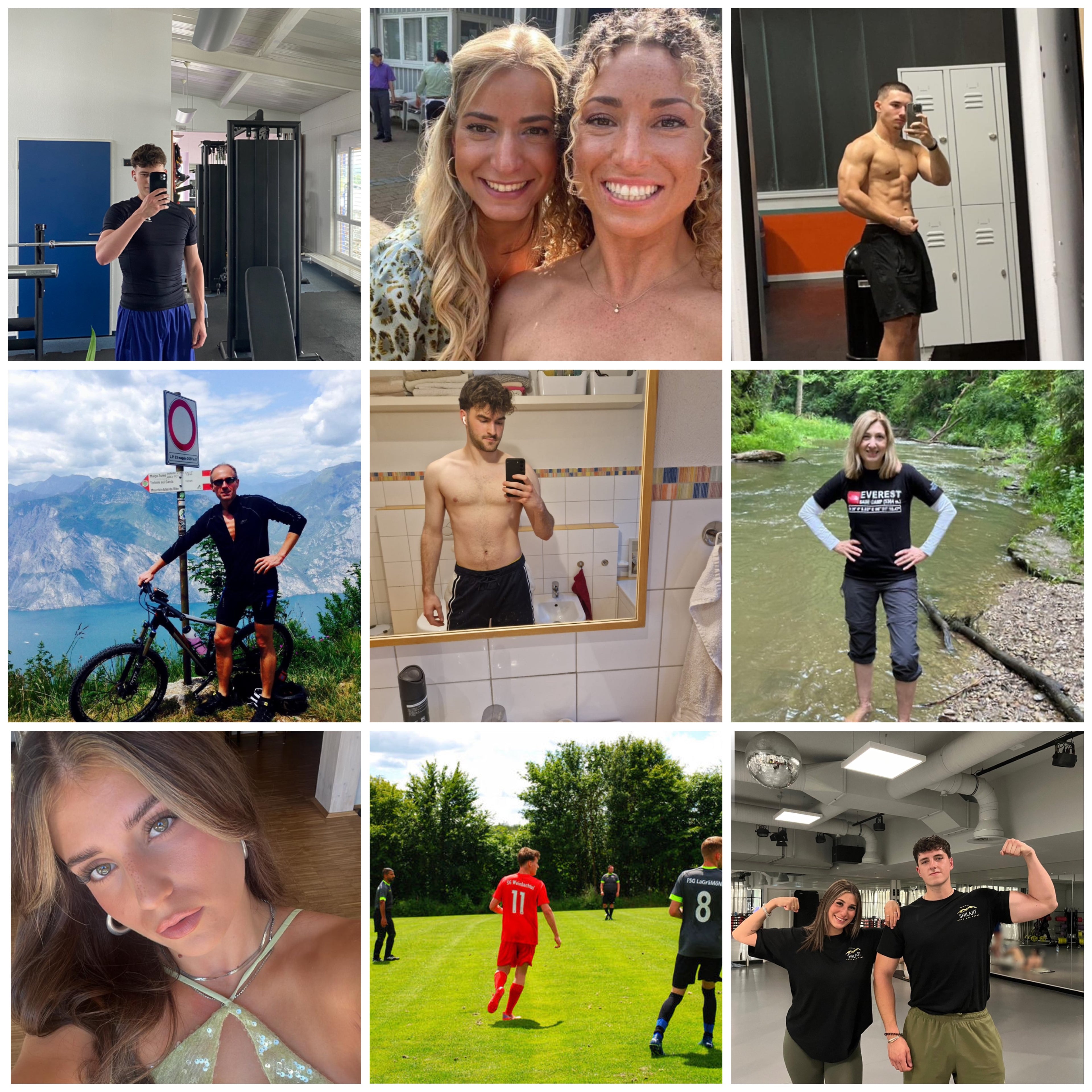 Collage aus neun Bildern, die verschiedene Aktivitäten zeigen: Fitness im Gym, Selfies, Radfahren in einer Berglandschaft, Fußballspiel auf einem Feld, und Naturspaziergang an einem Bach – eine vielseitige Darstellung von Sport, Natur und Lebensfreude