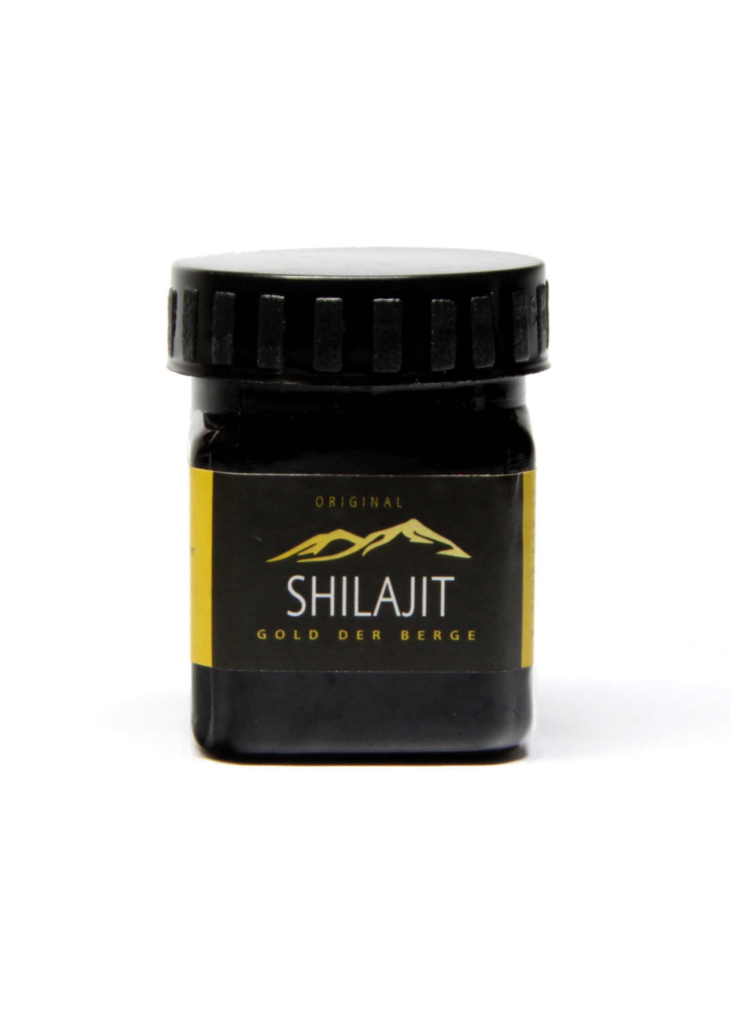 Shilajit-Glas mit schwarzem Deckel und gelbem Etikett, auf dem 'Gold der Berge' steht, vor transparentem Hintergrund