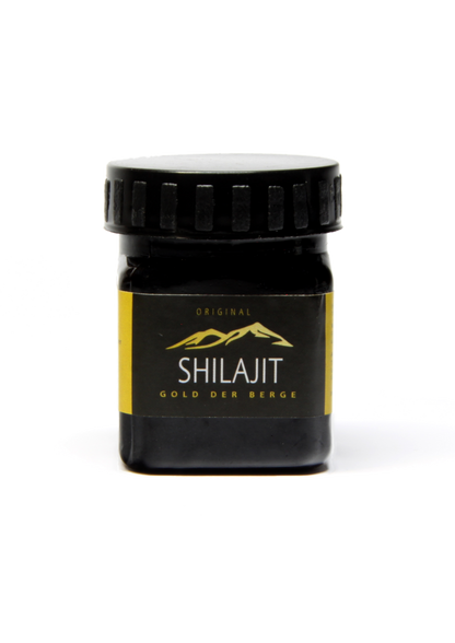 Shilajit-Glas mit schwarzem Deckel und gelbem Etikett, auf dem 'Gold der Berge' steht, vor transparentem Hintergrund